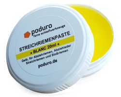 Dose mit Poduro Blanc Streichriemenpaste gelb