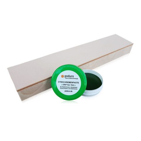 Streichriemen und Streichriemenpaste mit grünem Deckel